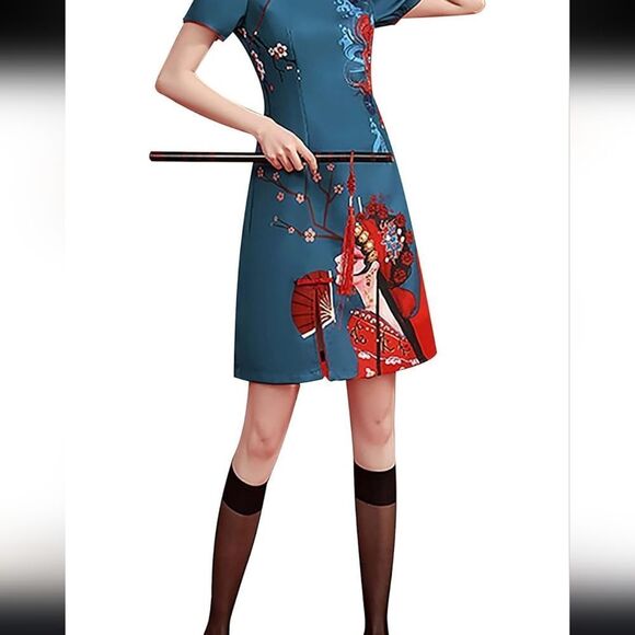 Elegant Blue Dragon Print Mini Dress - Picture 5 of 13